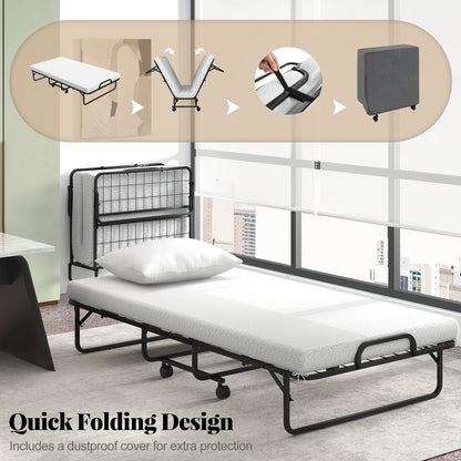 Heavy Duty Rollaway Folding Bed with Memory Foam Mattress, Pillow and Sturdy Frame - Twin Size