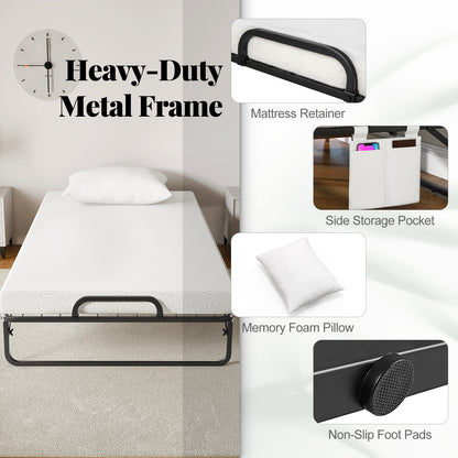 Heavy Duty Rollaway Folding Bed with Memory Foam Mattress, Pillow and Sturdy Frame - Twin Size