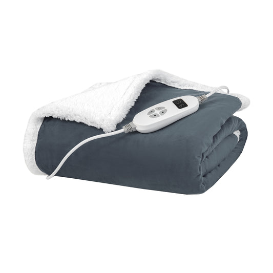 Reversible Electric Heated Blanket Throw with Flannel and Sherpa Fleece - Grey