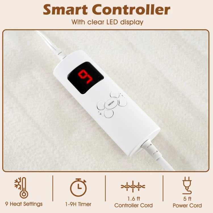 Machine Washable Electric Bed Warmer with Dual Controllers 9 Heat Settings and Auto Shut-Off