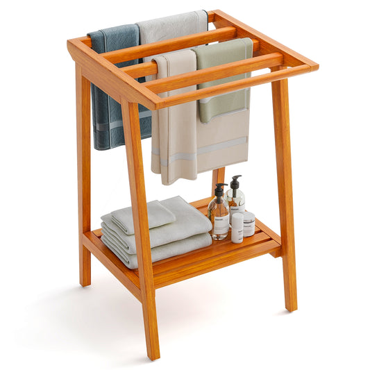 Premium Teak 5 Bar Freestanding Towel Rack with Storage Shelf