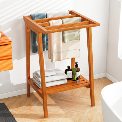 Premium Teak 5 Bar Freestanding Towel Rack with Storage Shelf