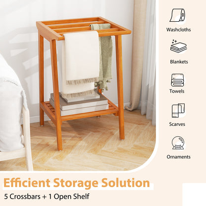 Premium Teak 5 Bar Freestanding Towel Rack with Storage Shelf