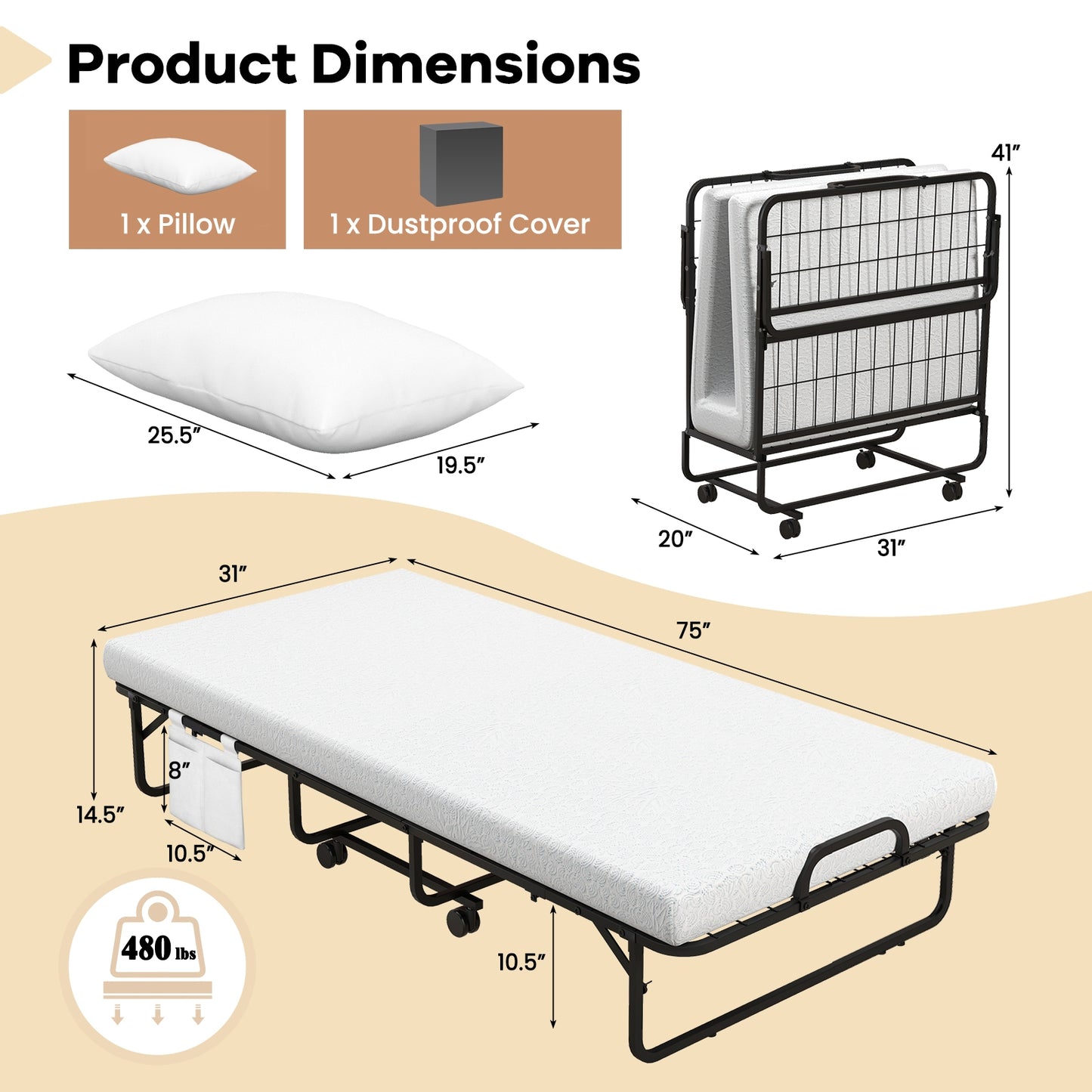 Heavy Duty Rollaway Folding Bed with Memory Foam Mattress, Pillow and Sturdy Frame - Cot Size