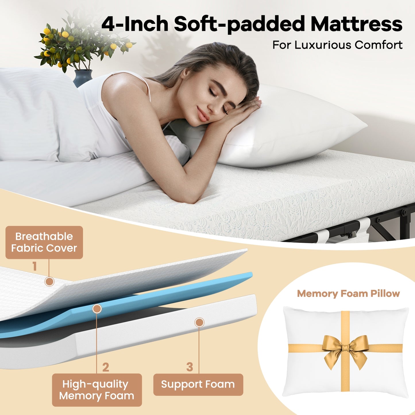 Heavy Duty Rollaway Folding Bed with Memory Foam Mattress, Pillow and Sturdy Frame - Cot Size