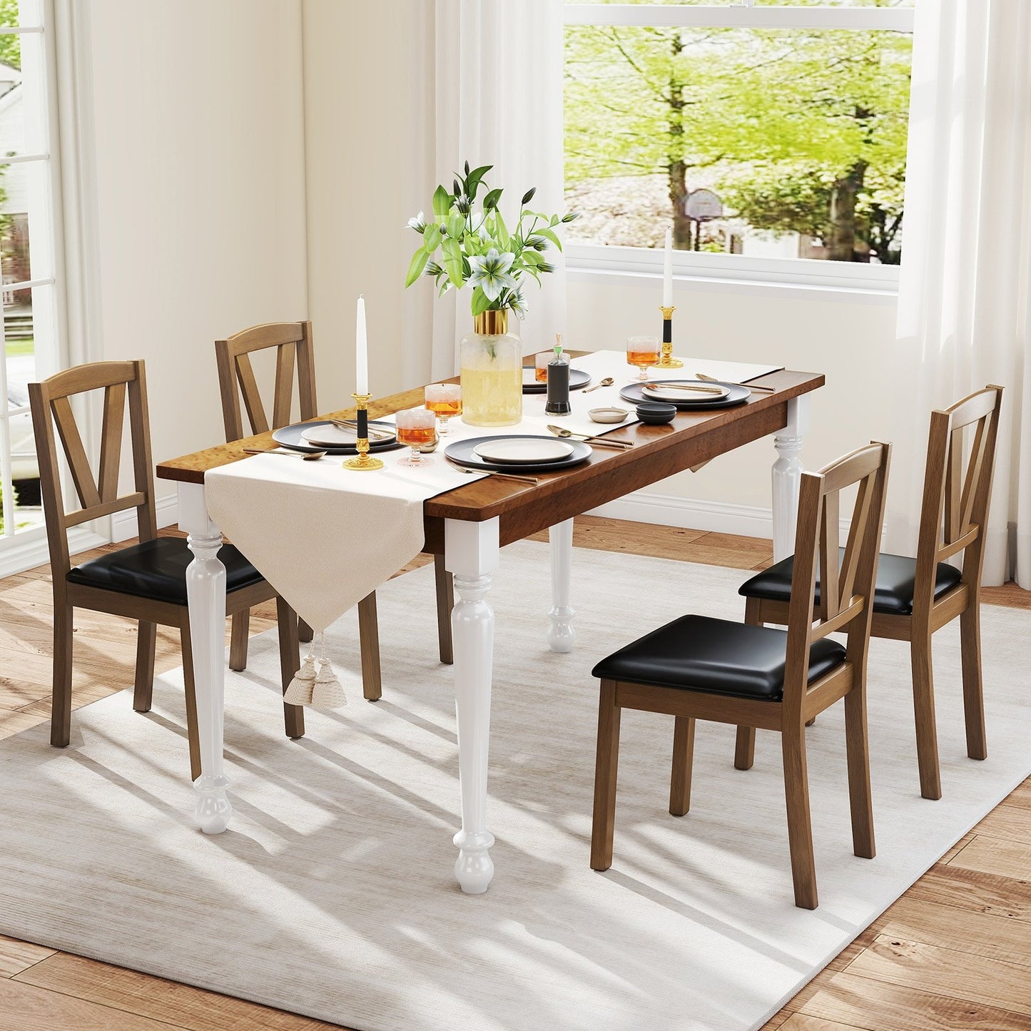 Dining Chairs with V-Shaped Back and PU Leather Upholstered Cushions Set of 2