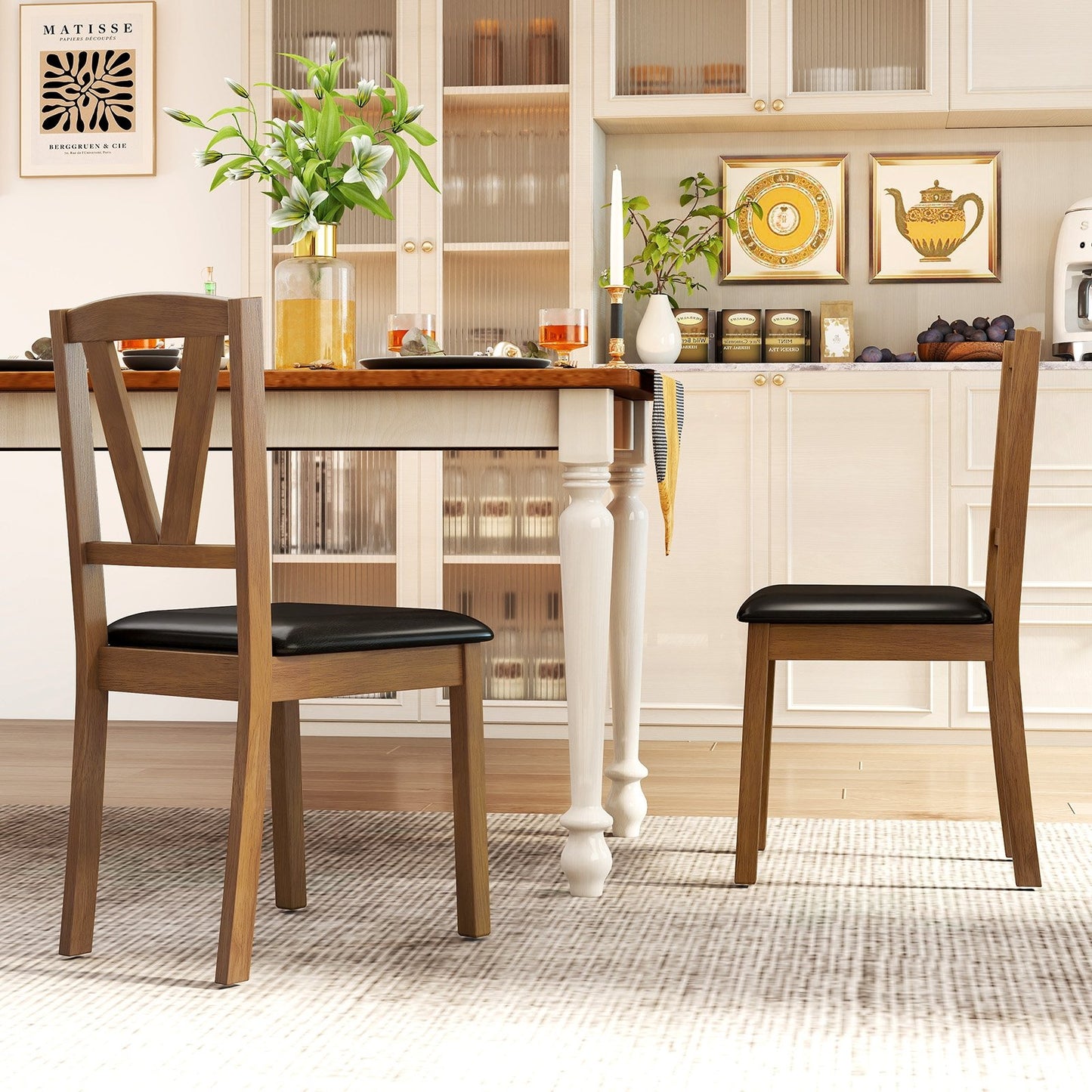 Dining Chairs with V-Shaped Back and PU Leather Upholstered Cushions Set of 2