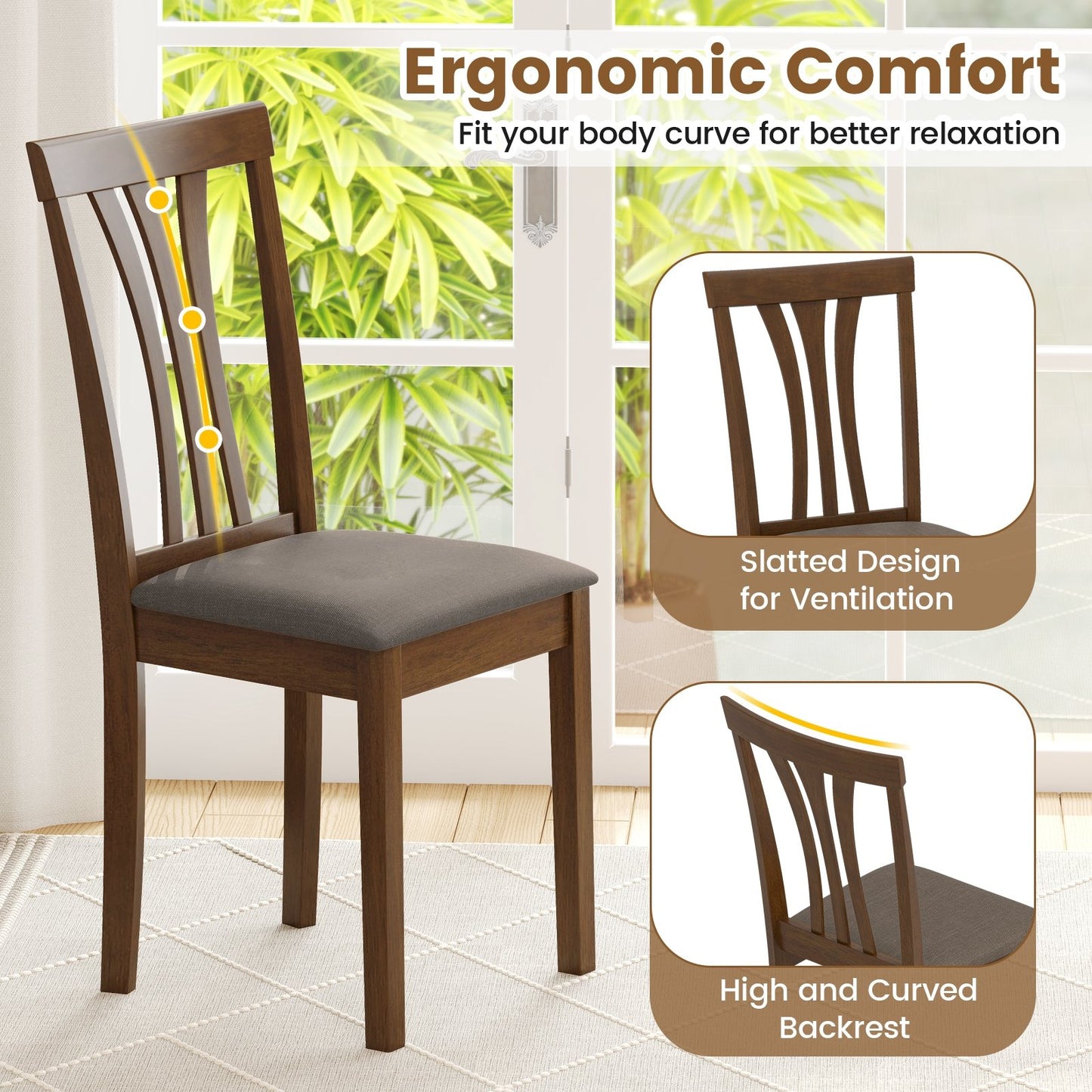 Elegant Linen Upholstered Wooden Dining Chairs with Curved Back Design Set of 2