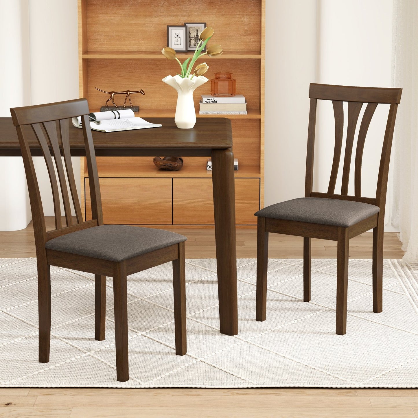 Elegant Linen Upholstered Wooden Dining Chairs with Curved Back Design Set of 2