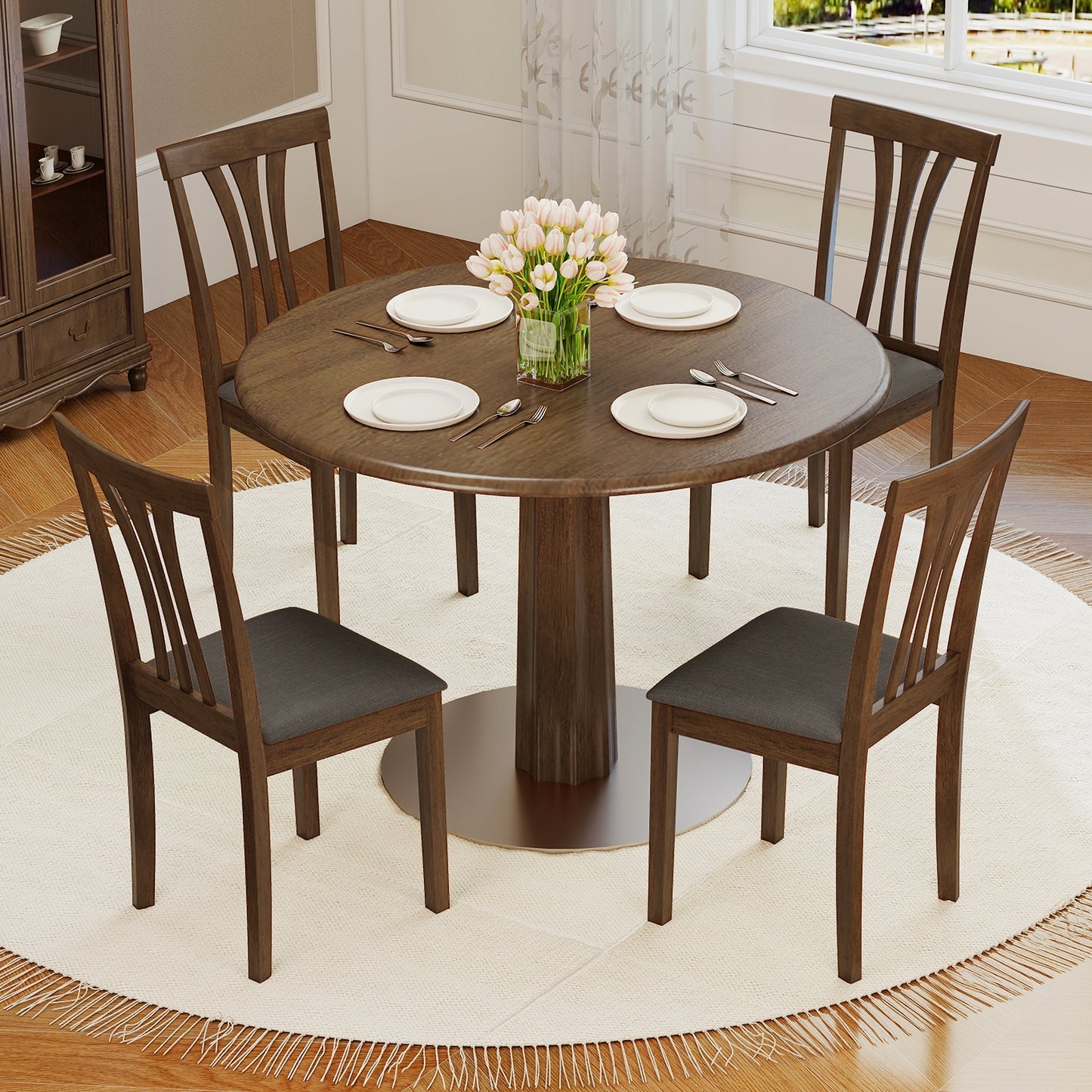 Elegant Linen Upholstered Wooden Dining Chairs with Curved Back Design Set of 2