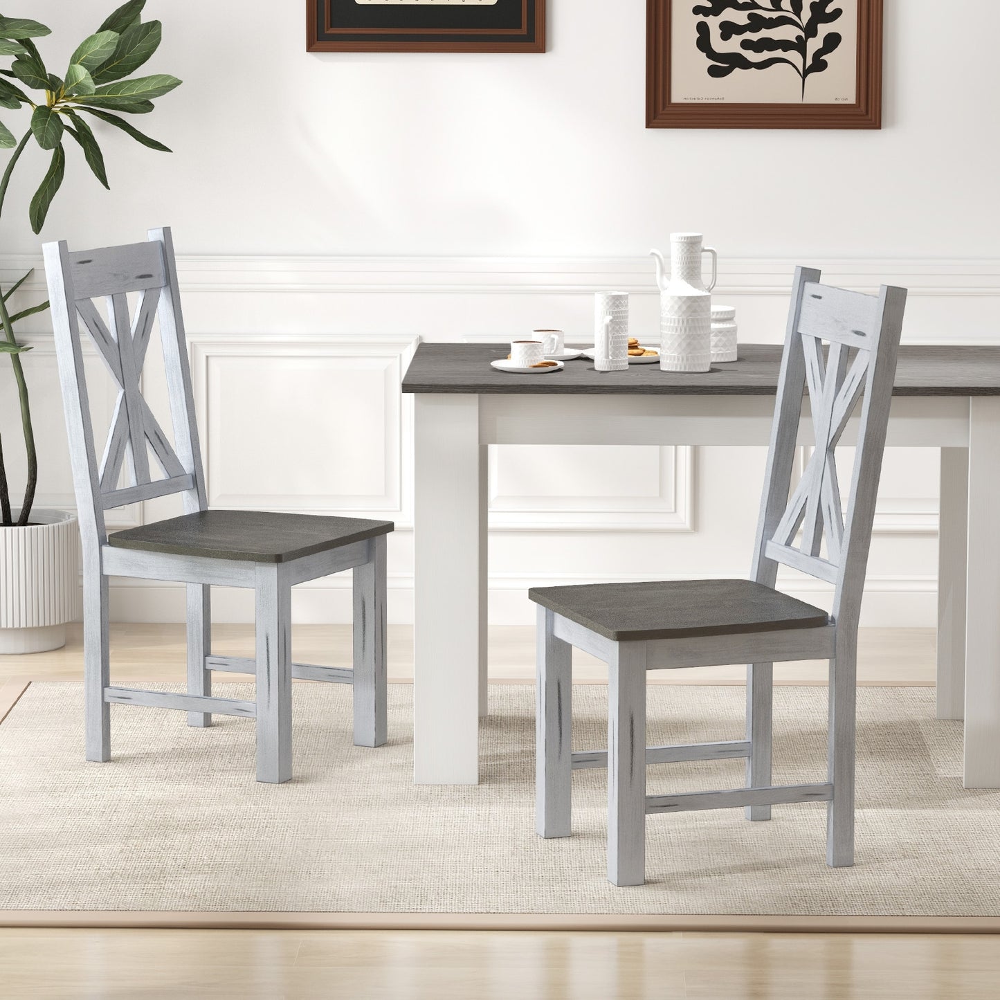 Farmhouse Dining Chairs with Durable Rubber Wood Frame and Stylish Hollow Back Design Set of 2