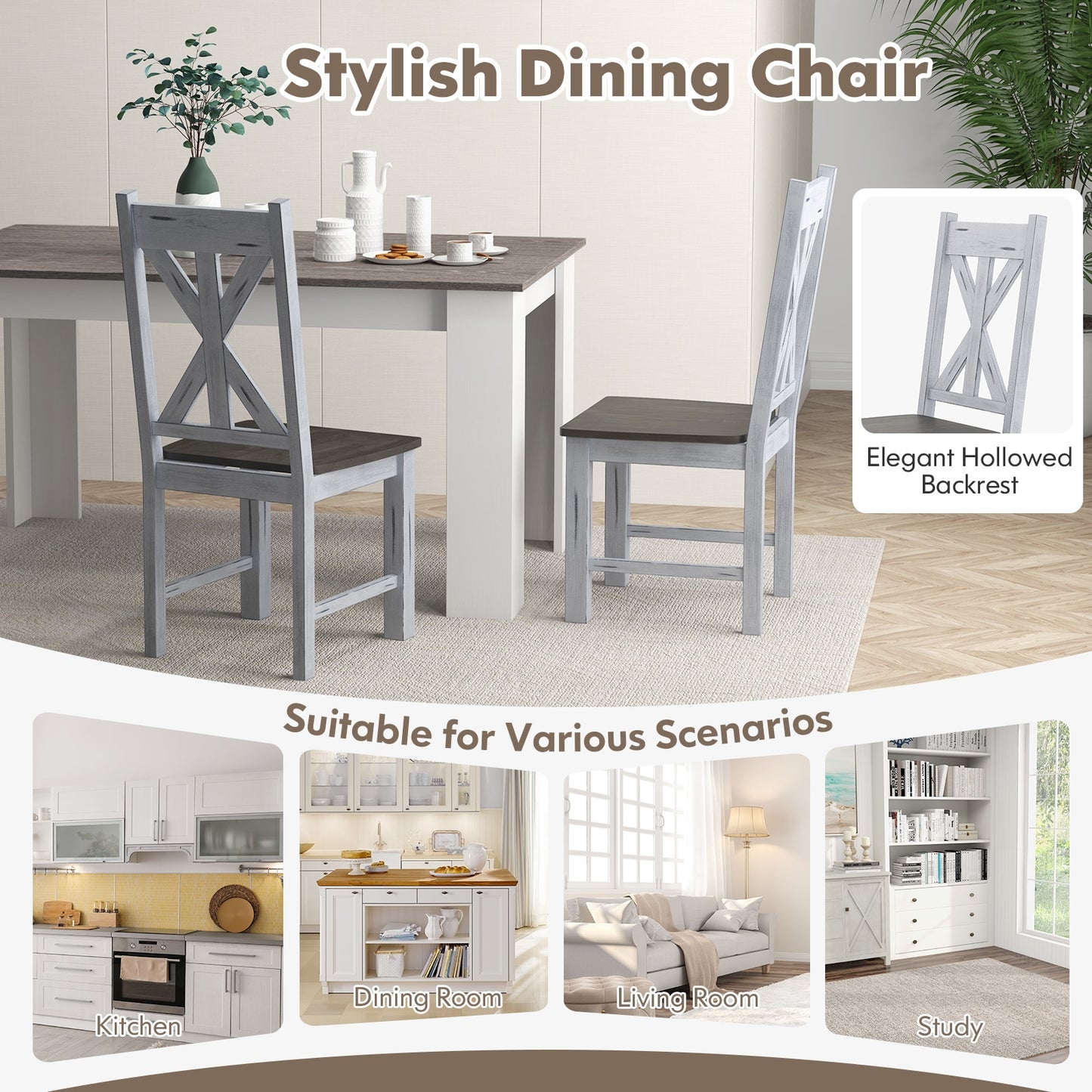 Farmhouse Dining Chairs with Durable Rubber Wood Frame and Stylish Hollow Back Design Set of 2