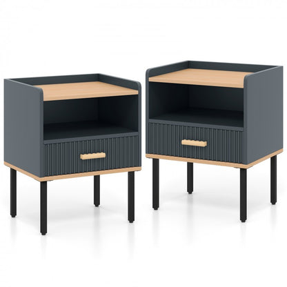Grey Nightstand with Storage Drawer and Shelf for Bedroom or Living Room