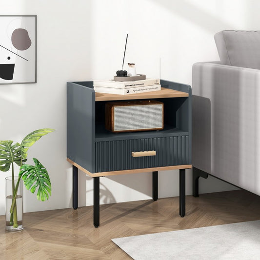 Grey Nightstand with Storage Drawer and Shelf for Bedroom or Living Room