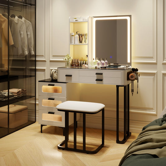 Makeup Vanity Set with LED Mirror, Stool & Charging Ports