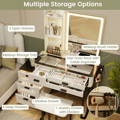 Makeup Vanity Set with LED Mirror, Stool & Charging Ports