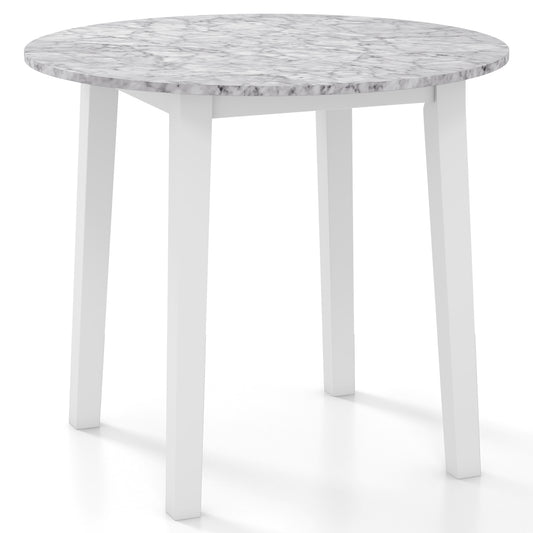 Modern 35 Inch Round Dining Table with Marble Finish Top and Solid Rubber Wood Legs in White