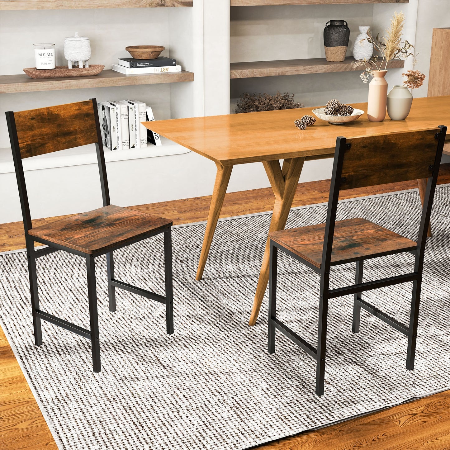 Set of 2 Industrial Metal Leg Kitchen Side Chairs with Ergonomic Slanted Backrest