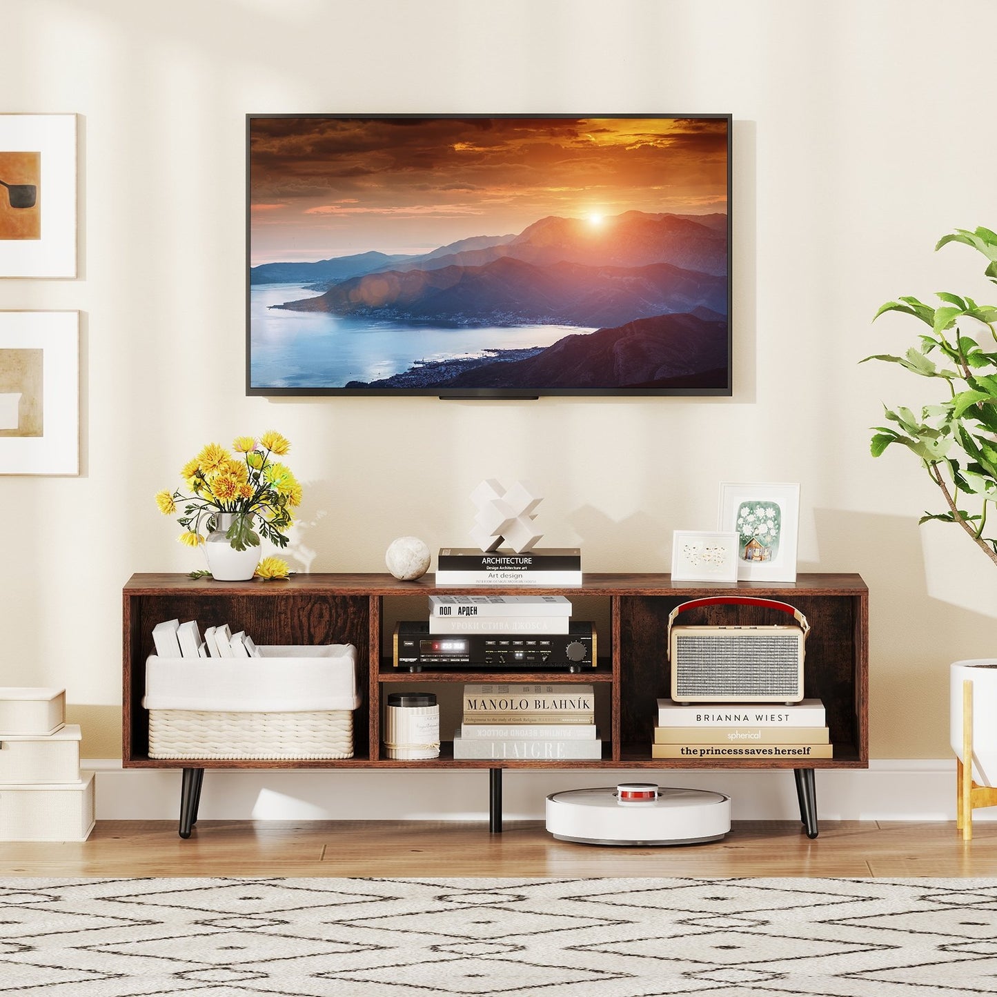 Contemporary 47.5 Inch Media Console with Open Storage and Metal Legs for TVs up to 55 Inches, Rustic Brown