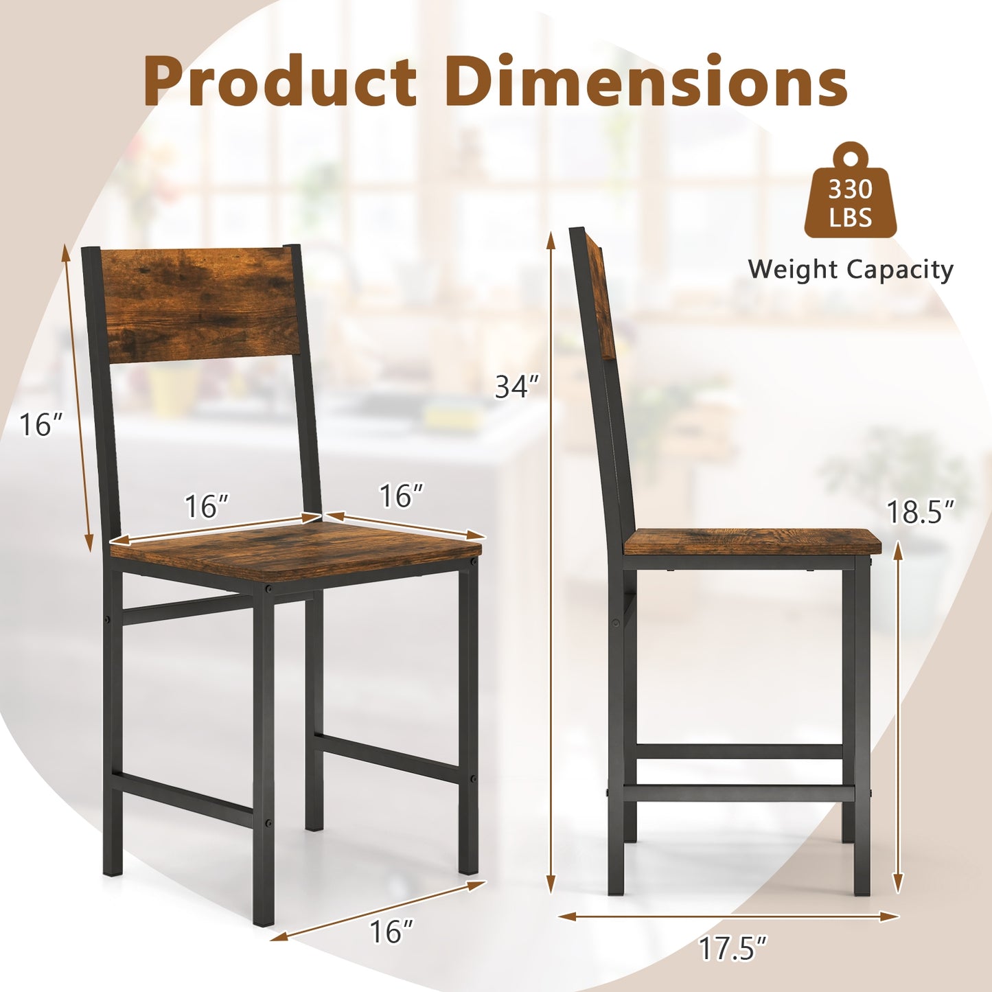 Set of 2 Industrial Metal Leg Kitchen Side Chairs with Ergonomic Slanted Backrest