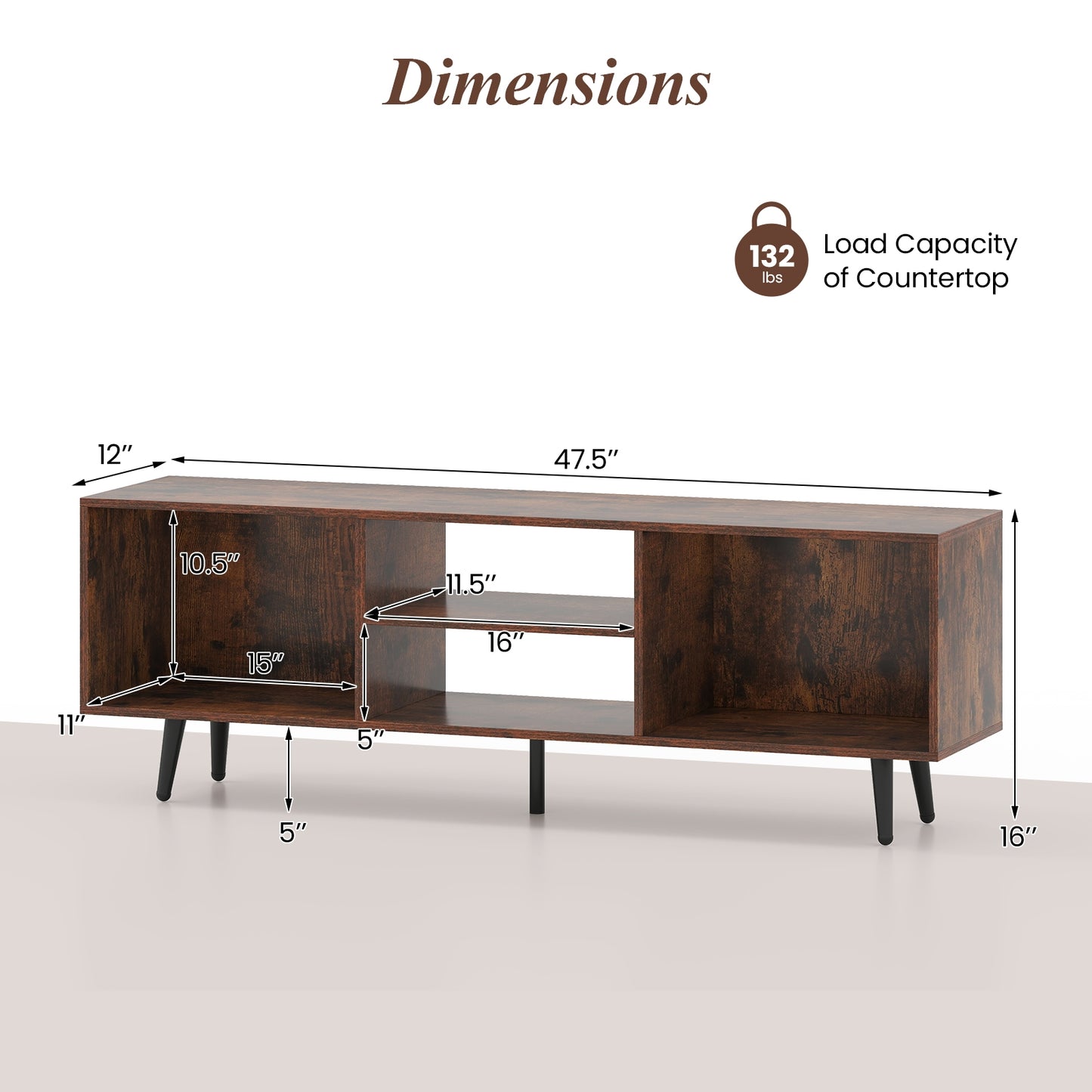 Contemporary 47.5 Inch Media Console with Open Storage and Metal Legs for TVs up to 55 Inches, Rustic Brown