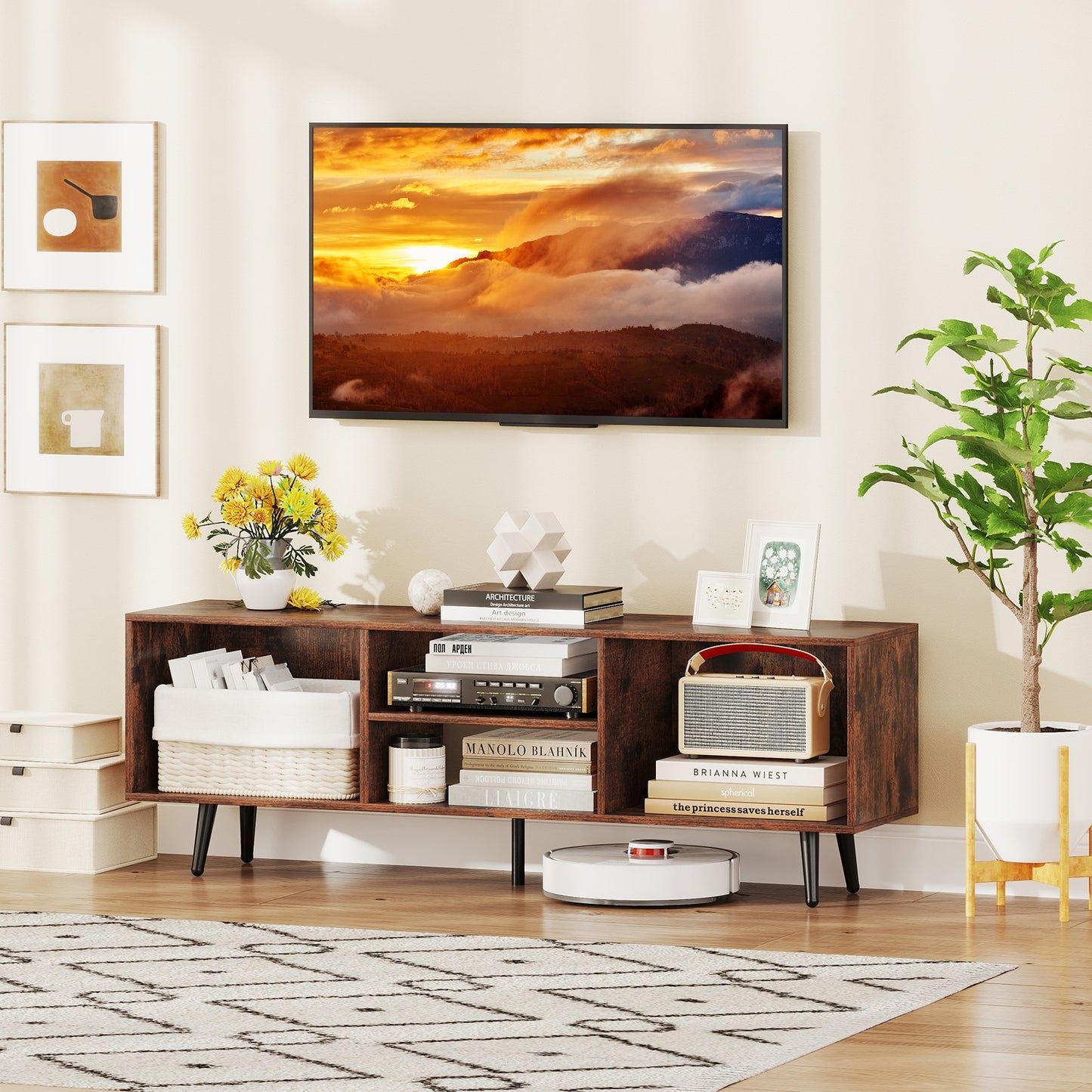 Contemporary 47.5 Inch Media Console with Open Storage and Metal Legs for TVs up to 55 Inches, Rustic Brown