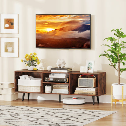 Contemporary 47.5 Inch Media Console with Open Storage and Metal Legs for TVs up to 55 Inches, Rustic Brown