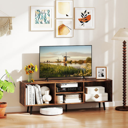 Contemporary 47.5 Inch Media Console with Open Storage and Metal Legs for TVs up to 55 Inches, Rustic Brown