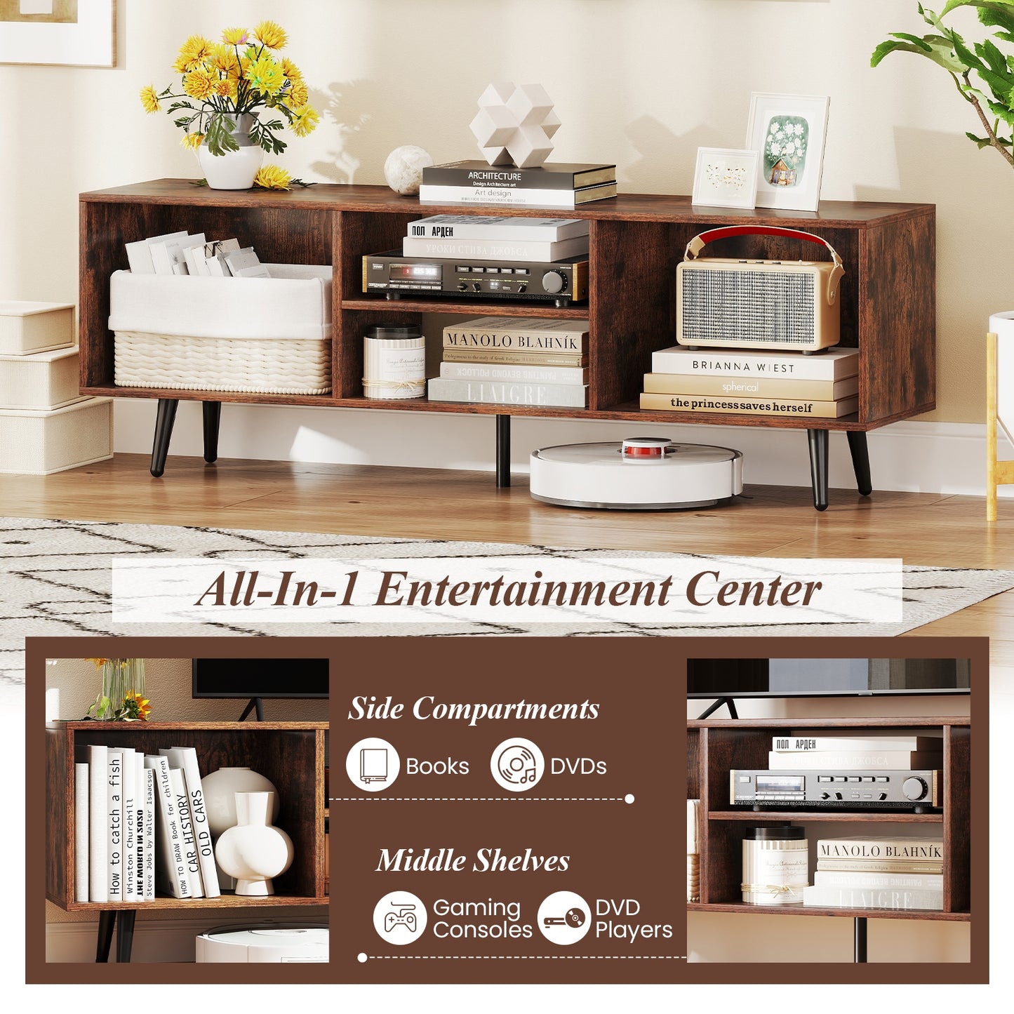 Contemporary 47.5 Inch Media Console with Open Storage and Metal Legs for TVs up to 55 Inches, Rustic Brown