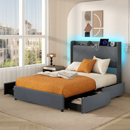 Modern Upholstered Bed Frame with LED Lights, Storage Drawers and Charging Station – Full & Queen Size