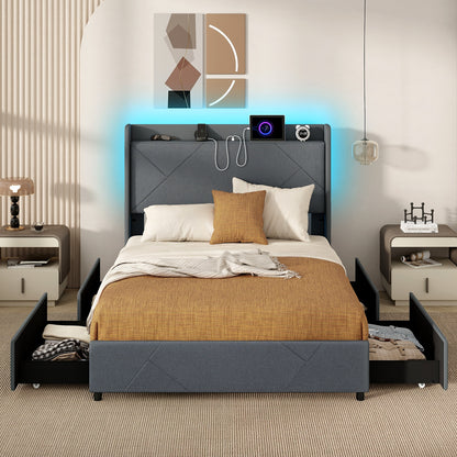 Modern Upholstered Bed Frame with LED Lights, Storage Drawers and Charging Station – Full & Queen Size