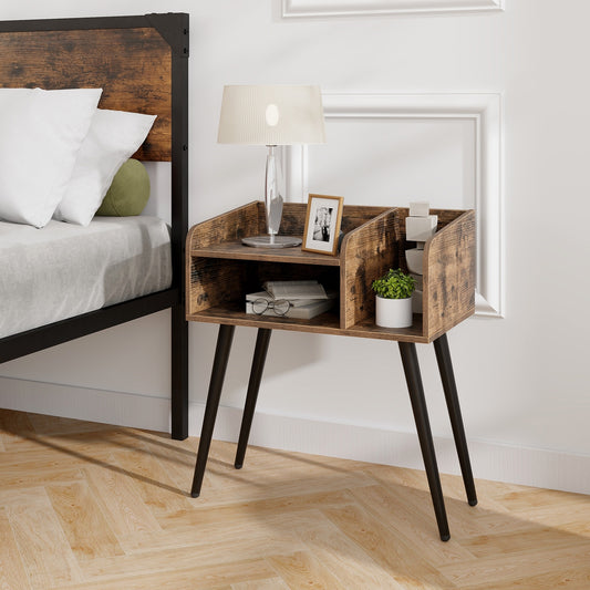 Mid-Century Modern Nightstand with Open Shelves and Side Storage, Brown Finish