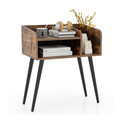 Mid-Century Modern Nightstand with Open Shelves and Side Storage, Brown Finish