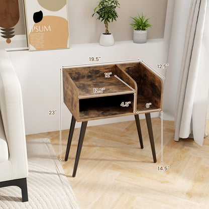 Mid-Century Modern Nightstand with Open Shelves and Side Storage, Brown Finish