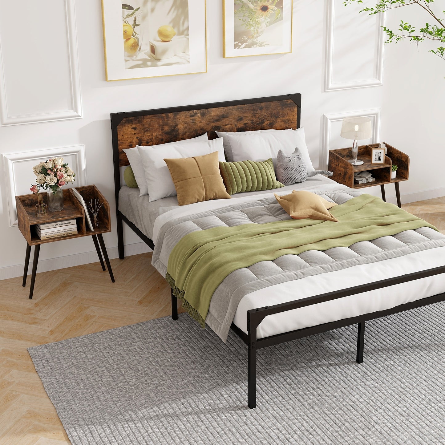 Mid-Century Modern Nightstand with Open Shelves and Side Storage, Brown Finish