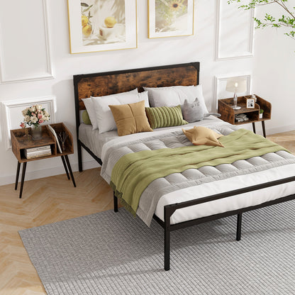 Mid-Century Modern Nightstand with Open Shelves and Side Storage, Brown Finish