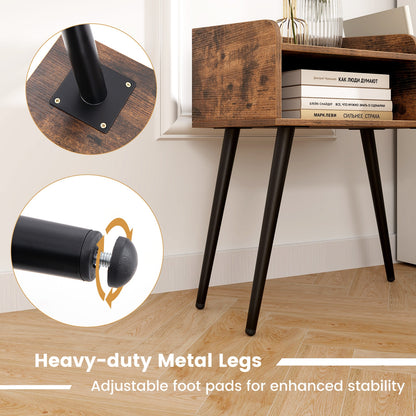 Mid-Century Modern Nightstand with Open Shelves and Side Storage, Brown Finish