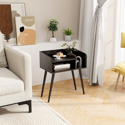 Mid-Century Modern Nightstand with Open Shelves and Side Storage, Black
