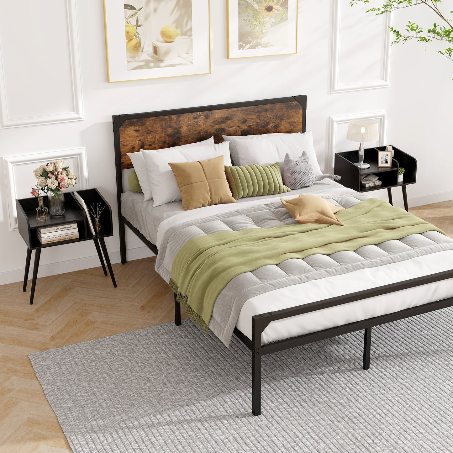 Mid-Century Modern Nightstand with Open Shelves and Side Storage, Black
