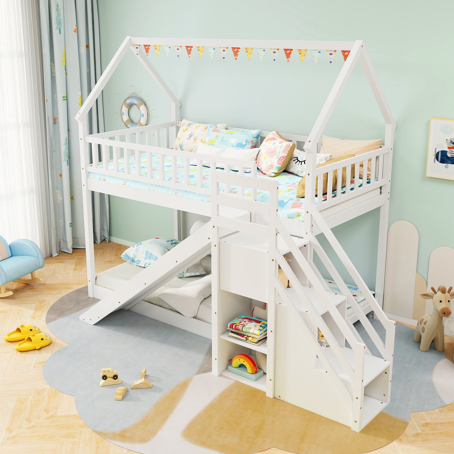 House-Shaped Twin Over Twin Bunk Bed with Fun Slide, Storage Staircase, and Guardrails