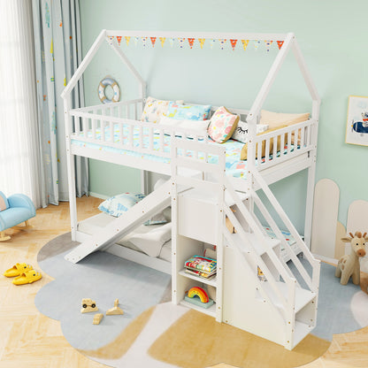 House-Shaped Twin Over Twin Bunk Bed with Fun Slide, Storage Staircase, and Guardrails