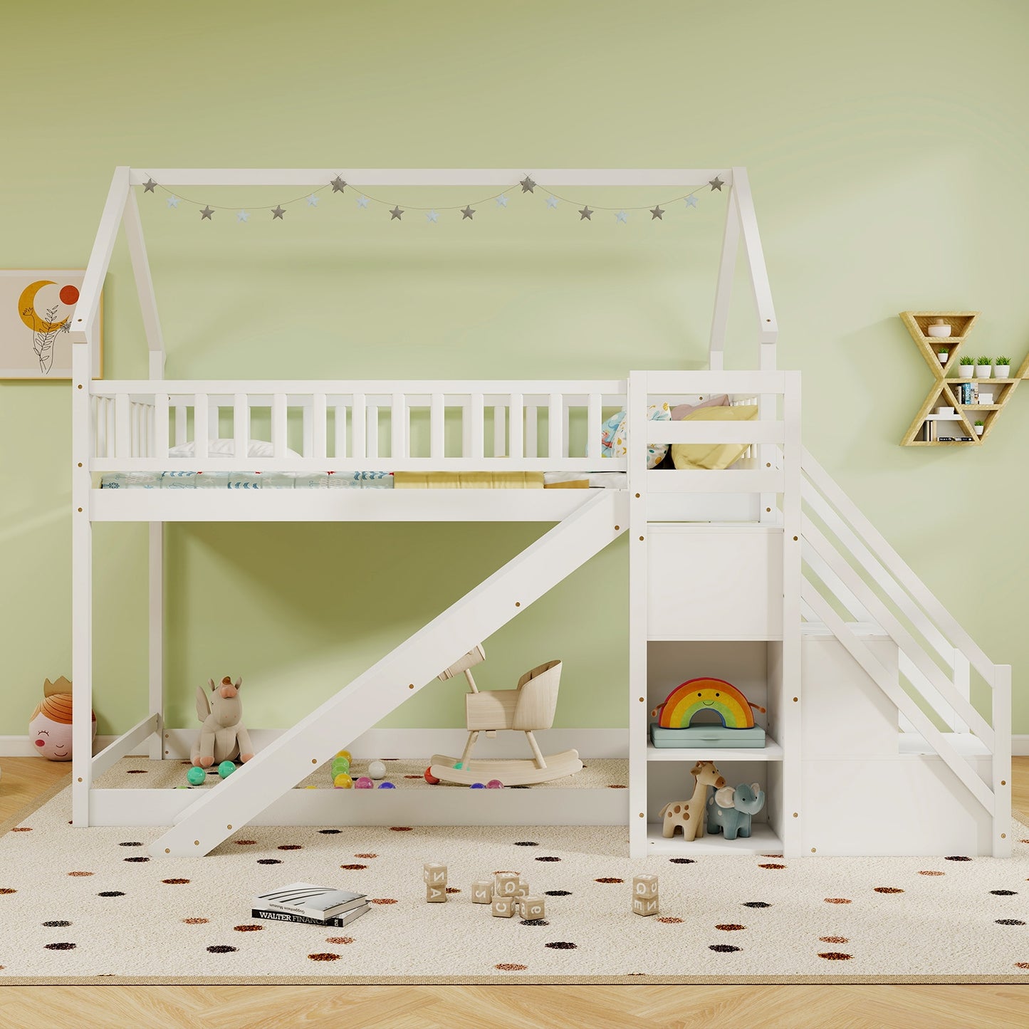 House-Shaped Twin Over Twin Bunk Bed with Fun Slide, Storage Staircase, and Guardrails