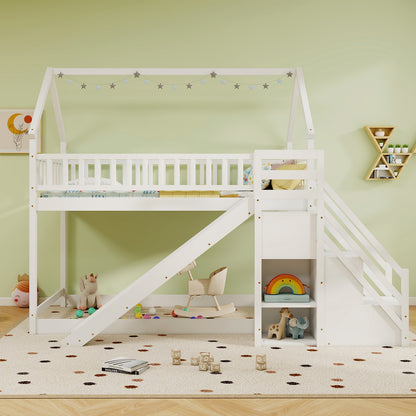 House-Shaped Twin Over Twin Bunk Bed with Fun Slide, Storage Staircase, and Guardrails