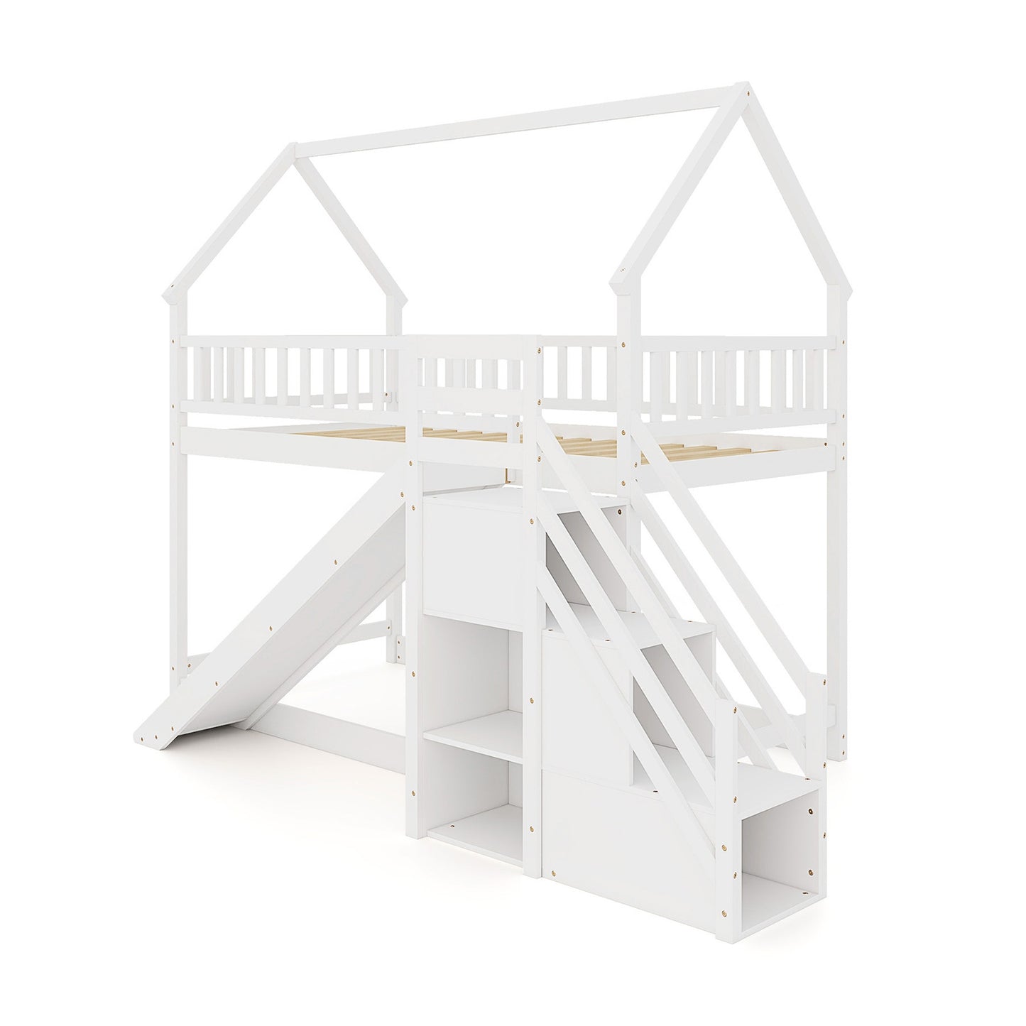 House-Shaped Twin Over Twin Bunk Bed with Fun Slide, Storage Staircase, and Guardrails
