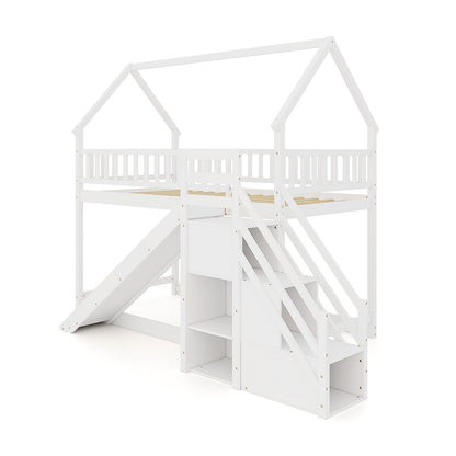 House-Shaped Twin Over Twin Bunk Bed with Fun Slide, Storage Staircase, and Guardrails