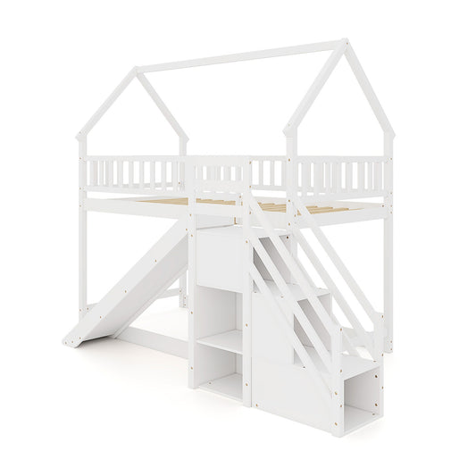House-Shaped Twin Over Twin Bunk Bed with Fun Slide, Storage Staircase, and Guardrails