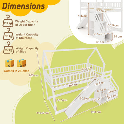 House-Shaped Twin Over Twin Bunk Bed with Fun Slide, Storage Staircase, and Guardrails