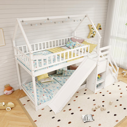 House-Shaped Twin Over Twin Bunk Bed with Fun Slide, Storage Staircase, and Guardrails