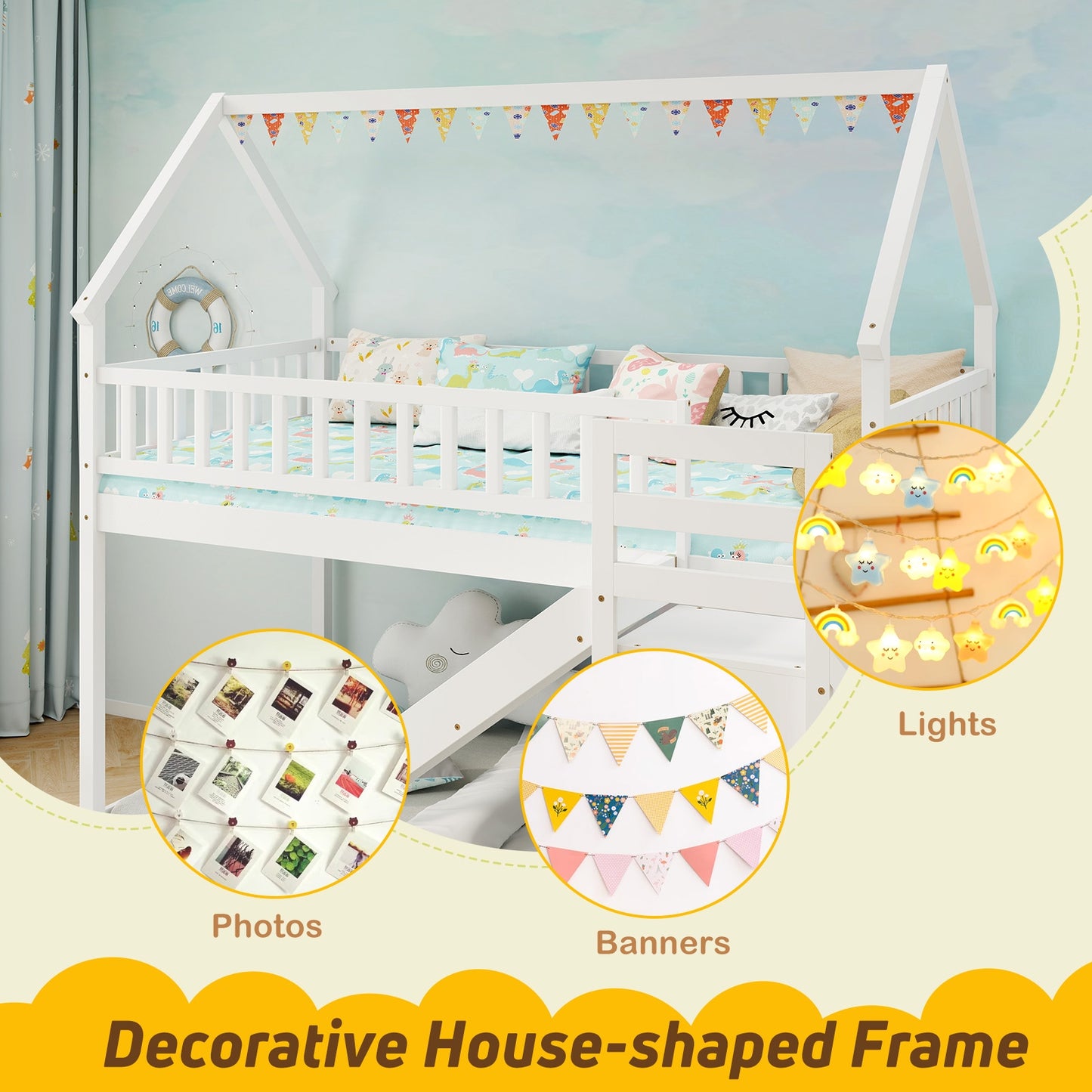 House-Shaped Twin Over Twin Bunk Bed with Fun Slide, Storage Staircase, and Guardrails