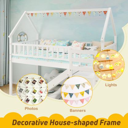 House-Shaped Twin Over Twin Bunk Bed with Fun Slide, Storage Staircase, and Guardrails